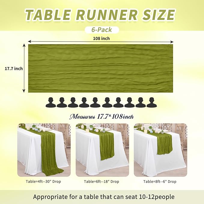 6 Pack Olive Green Cheesecloth Table Runner,Long Romantic Semi Sheer Rustic Boho Gauze Table Runners for Wedding Bridal Shower Birthday Party Decorations(17.7×108 Inch)