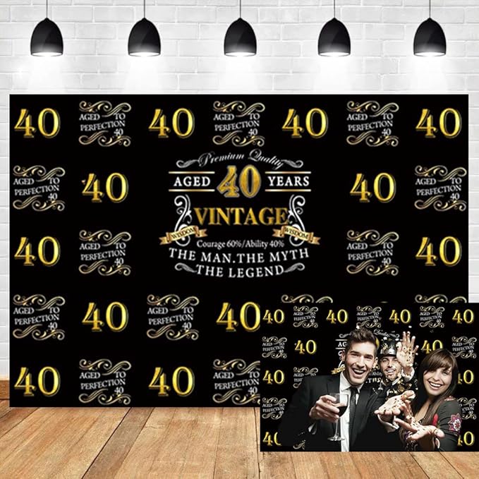 OERJU 5x3ft Happy 40th Birthday Backdrop for The Man The Myth The Legend Birthday Party Background Banner Black Gold Photography Photo Aged 40 Years Forty Birthday Back Drops Vinyl Studio Props