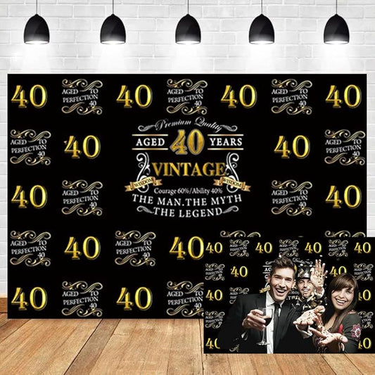 OERJU 15x10ft Happy 40th Birthday Backdrop for The Man The Myth The Legend Birthday Party Background Banner Black Gold Photography Photo Aged 40 Years Forty Birthday Back Drops Vinyl Studio Props