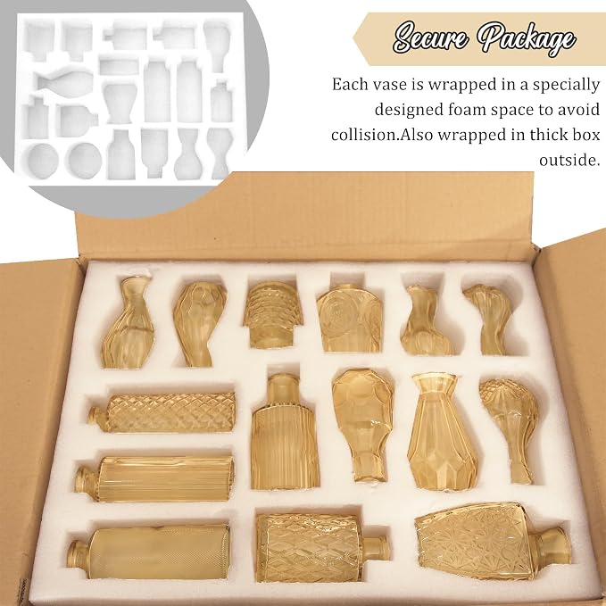 36Pcs Bud Vases Set Small Vintage Glass Bottles Bud Vases in Bulk Multiple Shape Cute Glass Vases for Rustic Wedding Centerpieces Table Decorations and Home Decor (Champagne)