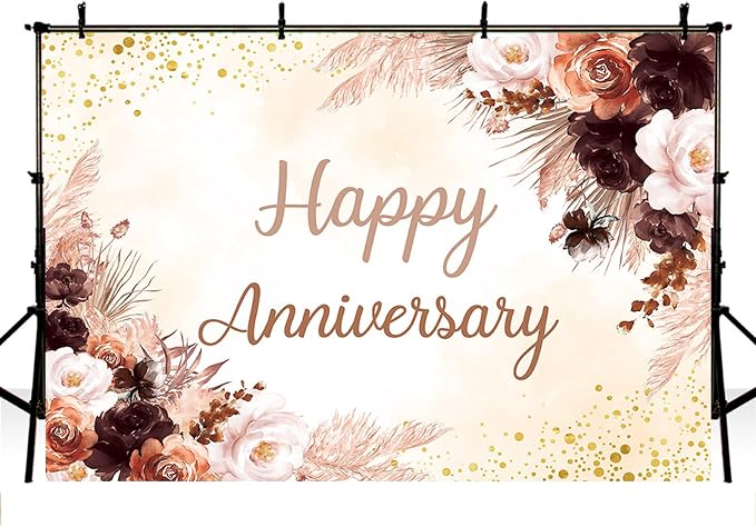 MEHOFOND Boho Happy Anniversary Backdrop Pink Floral Bohemia Pampas Grass Anniversary Banner Cheers to Marriage Wedding Party Decorations Memorial Portrait Photo Booth Background 8x6ft