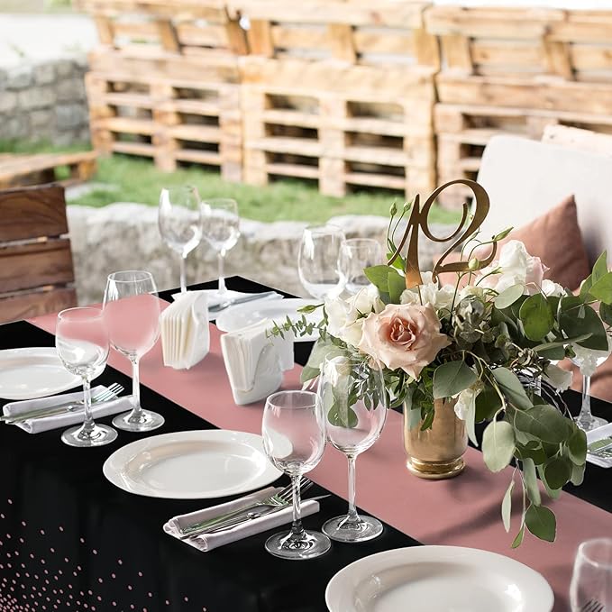 16Pack Disposable Plastic Tablecloths and Satin Table Runner Set Black and Rose Gold Dot Tablecloth Gold Satin Table Runner for Wedding Birthday Baby Shower Anniversary Christmas New Year Party Supply