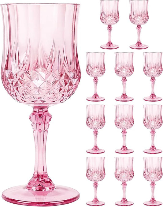 Plastic Wine Glasses Set, 7oz Vintage Goblets Shatterproof Unbreakable Reusable & Disposable, Drinking Glasses with Stem, for Wedding Outdoor Dinner Easter Party (12pcs, Pink)