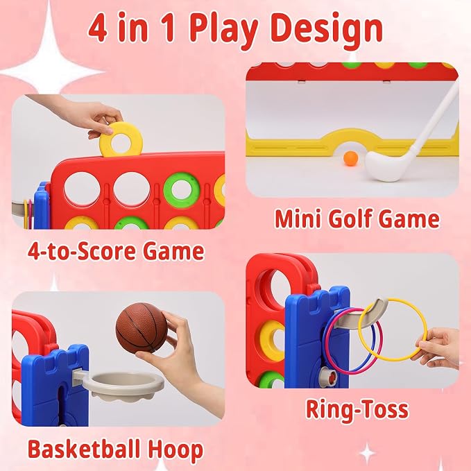 Giant 4-in-A Row Connect Game Set, Height Adjust Jumbo Yard Game for Kids & Adults w/Mesh Catching Bag, Basketball Hoop, Ring Toss & Mini Golf, Family Party 4-to-Score Indoor/Outdoor Games