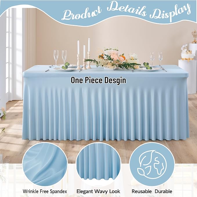 leegleri 4 Pack Blue Spandex Table Clothes for 6 Foot Rectangle Tables, Wrinkle Free Fitted Table Cover 6ft Stretch Tablecloths with Skirt for Parties Weddings Birthday Banquet Baby Shower