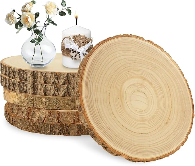 WOPPLXY 6 Pcs Large Unfinished Wood Slices for Centerpieces, 10-11 Inches Wood Rounds for Tables Decor Round Wooden Discs, Wooden Slices Rustic Wood Slabs for DIY Crafts, Wedding,Christmas,Table Decor