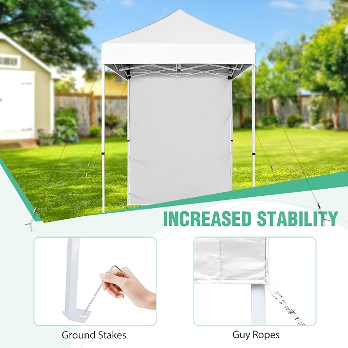 5x5 Pop Up Canopy Tent with One Sidewall, Instant Portable Beach Canopy, Outdoor Tent with Carry Bag for Camping, Sports, Tailgating, Events, White