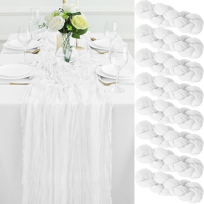 8Pack White Table Runner 10FT White Cheesecloth Table Runner 35x120Inch Long Boho Table Runners Rustic Gauze Table Runners for Party Wedding Bridal Shower Baby Shower Decorations