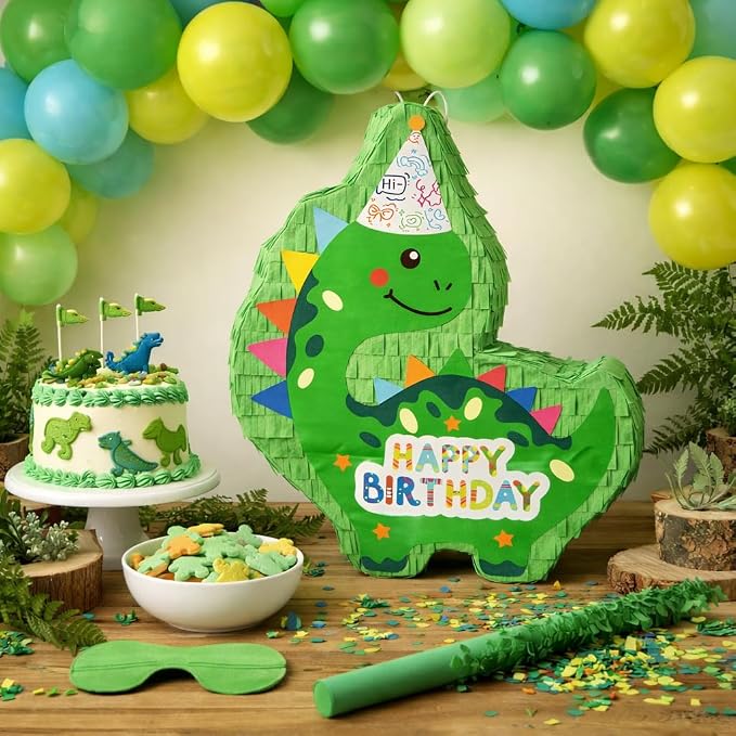 Dinosaur Piñata - Green Dinosaur Piñata with Stick, Blindfold and Confetti for Animal Themed Birthday Party Game Supplies Decorations (16”x12”x3”)