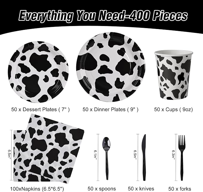 400 Pcs Disposable Black Cow Print Tableware Set for 50 Guests | Heavy-Duty 7" & 9" Paper Plates, Cups, 13" Napkins & Plastic Cutlery for Cow Birthday, Farm and Western Party Supplies