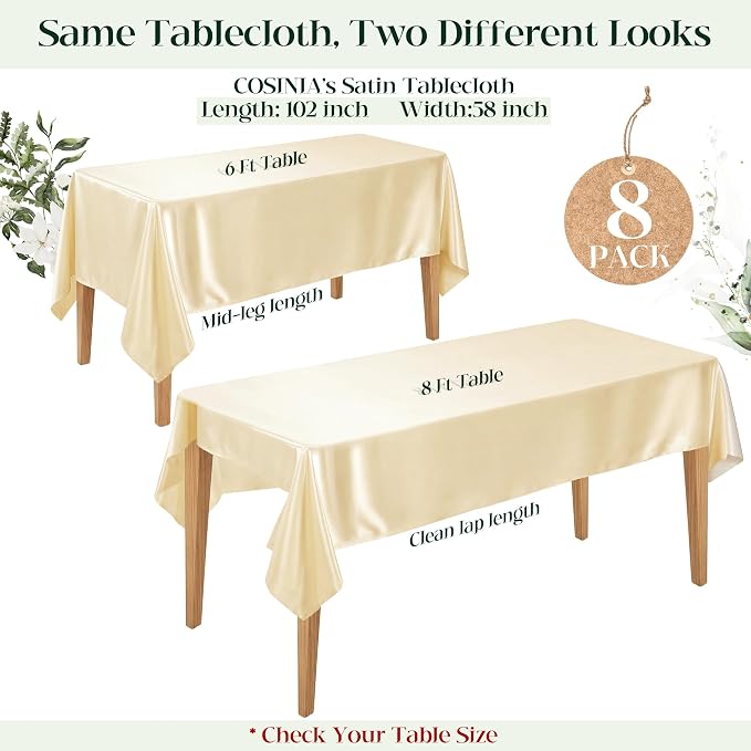 8 Pack Champagne Satin Tablecloth 58 x 102 Inches, Rectangular Satin Table Cloths for Wedding Reception, Birthday Party, Graduation & Holiday Banquet Tables