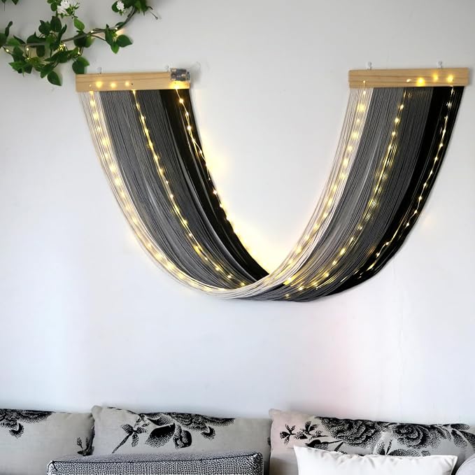 Macrame Fairy Lights Battery Operated with Remote & Timer, Black Grey | Handwoven Wall Hanging with 20ft 100 LEDs Warm White Timer String Lights for Bedroom,Living Room,Party,Wedding,Christmas Deco