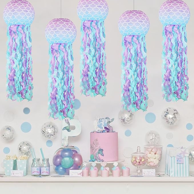 Mermaid Party Decorations, Jellyfish Paper Lanterns Mermaid Scales Hanging Lantern for Mermaid Birthday Party Baby Shower Under The Sea Ocean Decorations Pack of 8
