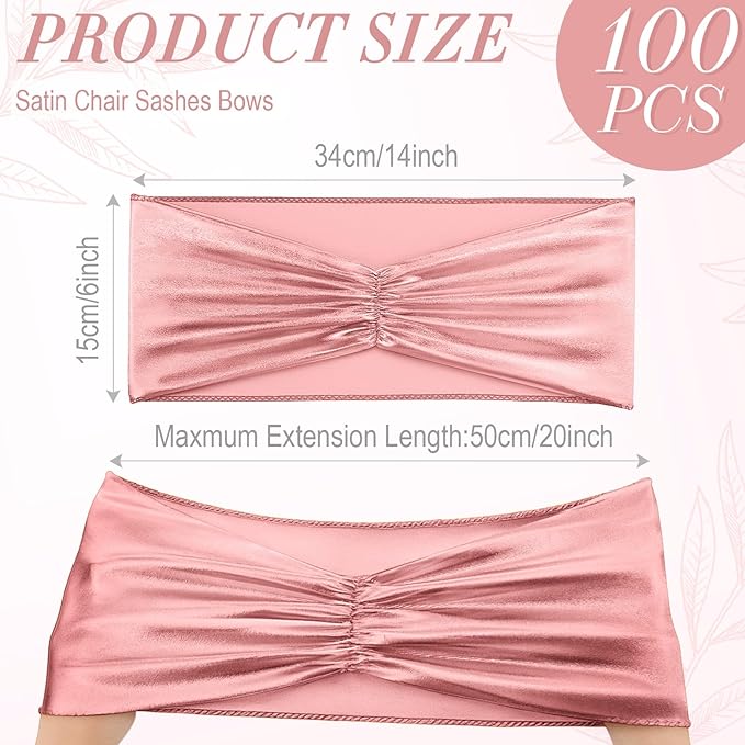 Hahafelt 100 pcs Chair Sashes Shiny Bow Spandex Bands for Chair Wedding Banquet Parties Reception Restaurant Decoration, Rose Gold