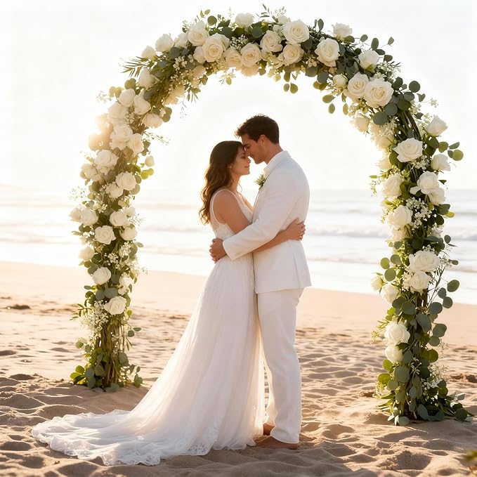 SHENLIU 4 Pack 26Ft Artificial Eucalyptus Flower Garland with White Roses, Faux Rose Vine Gypsophila Greenery Garland Floral Vines for Wedding Home Party Table Decor