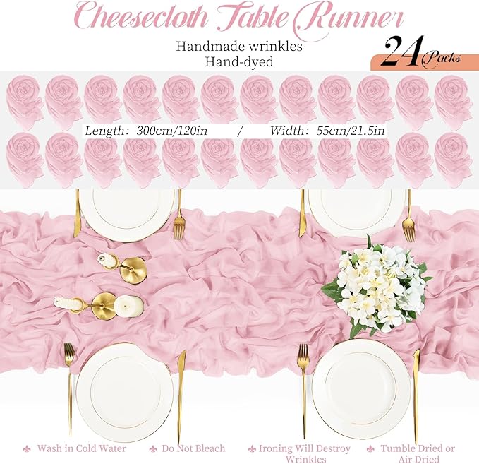 Teruntrue 24 Packs Light Pink Cheesecloth Table Runner,10ft Rustic Gauze Boho Wedding Table Runner Decoration, Wedding Table Decor Sheer Table Runner for Wedding Party Bridal Shower Table