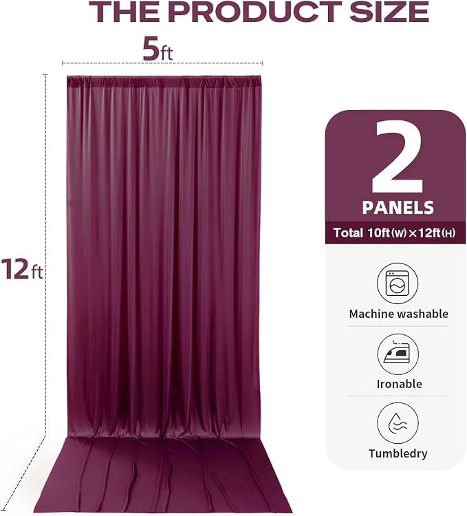 10ftx12ft Burgundy Backdrop Curtains for Parties, Wrinkle Free Polyester Burgundy Photo Backdrop Drapes 2 Panels 12 ft Long Back Drop Cloth for Wedding Birthday Photography Background Party