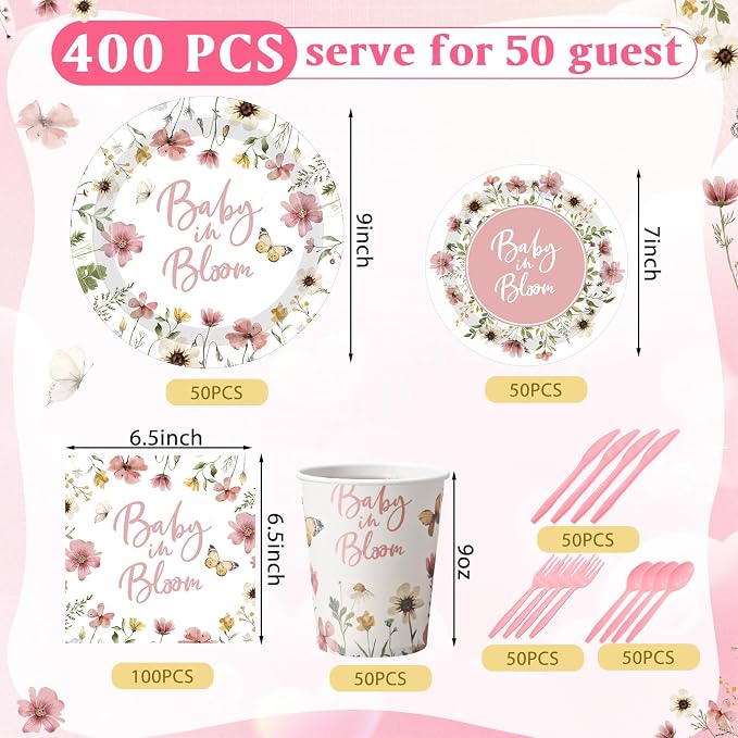 Funnymoom 400 Pcs Baby in Bloom Party Supplies for 50 Guests Pink Floral Baby Shower Paper Plates and Napkins Knives Spoon Fork Cup Disposable Wildflower Dinner Party for Spring Greenery Favor