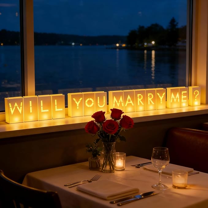 Will You Marry Me Marriage Proposal Decorations Luminary Bags Light Up Letters Sign Decor 2000 Rose Petals and Candles Set Romantic, Valentines Decor, Engagement Party Banner