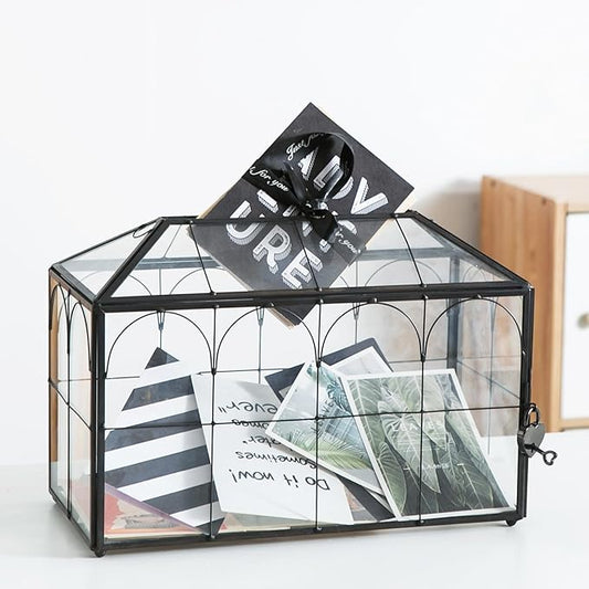 Wedding Card Box with Slot, 12.6'' Large Glass Card Boxes for Reception, Black Geometric Holder, Clear Decorative Storage Box with Lock for Baby Shower, Birthday Party, Christmas