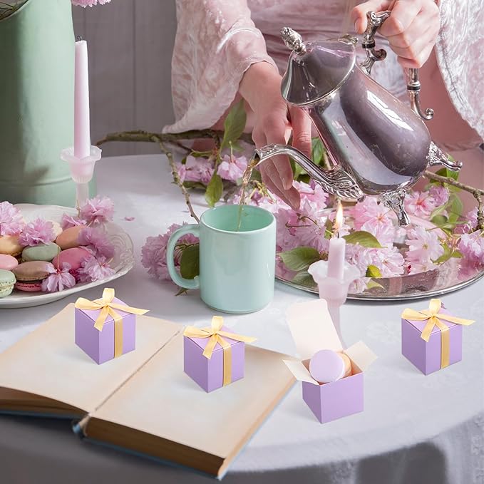Jutom 100 Pcs Mini Favor Boxes Extra Small Candy Boxes Paper with Gold Ribbon for Baby Shower Birthday Wedding Anniversary Supplies(2 x 2 x 2 Inch,Lavender)