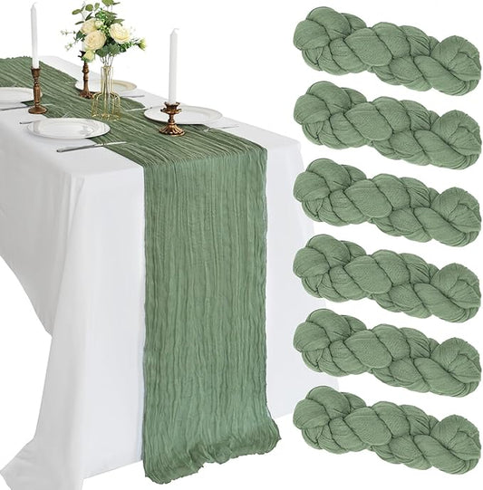 6 Pack 10FT Sage Green Cheesecloth Table Runner 120 Inch Long Gauze Rustic Boho Spring Cheese Cloth Table Runner Sheer Fabric Decorations for Holiday Party Wedding Banquet Bridal Baby Shower Décor