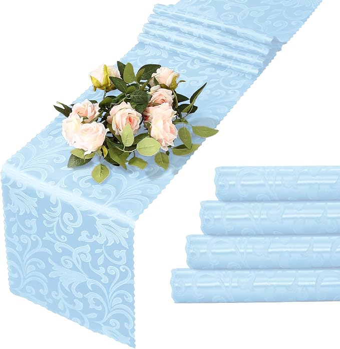 MILVOWOC 4 Pack Light Blue Satin Table Runner, 12 x 72 Inch Jacquard Damask Rectangle Bright Silky Decorative Table Runner for Party Banquet Birthday Dinner Wedding Table Decor