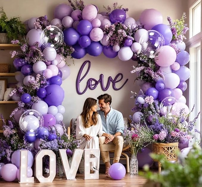 Purple Lavender Balloon Arch Double Stuffed Dark Purple Lilac Balloon Garland Kit With Clear Balloons for Birthday Wedding Butterfly Bridal Baby Shower Fairy Wild Flower Valentine Party Decor