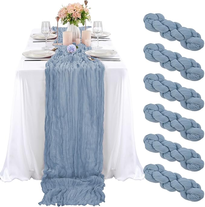 6 Pcs Dusty Blue Cheesecloth Table Runner 10FT, Gauze Table Runner for Wedding Reception Sheer Bridal Shower Birthday Party Boho Table Decoration, Rustic Romantic Wedding Runner