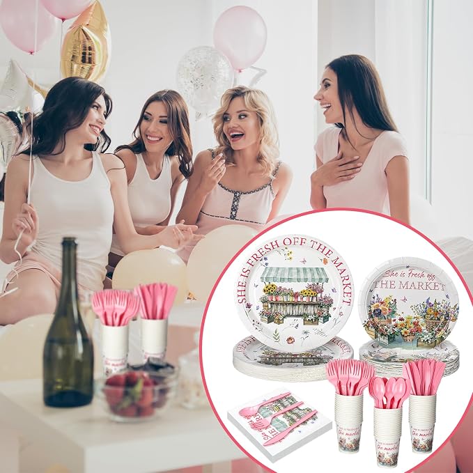 Yungyan 252 Pcs She Is Fresh off the Market Bridal Shower Party Tableware Set Included Plates Napkins Cups Forks Knives Cutlery for Party Decorations Supplies 36 guests