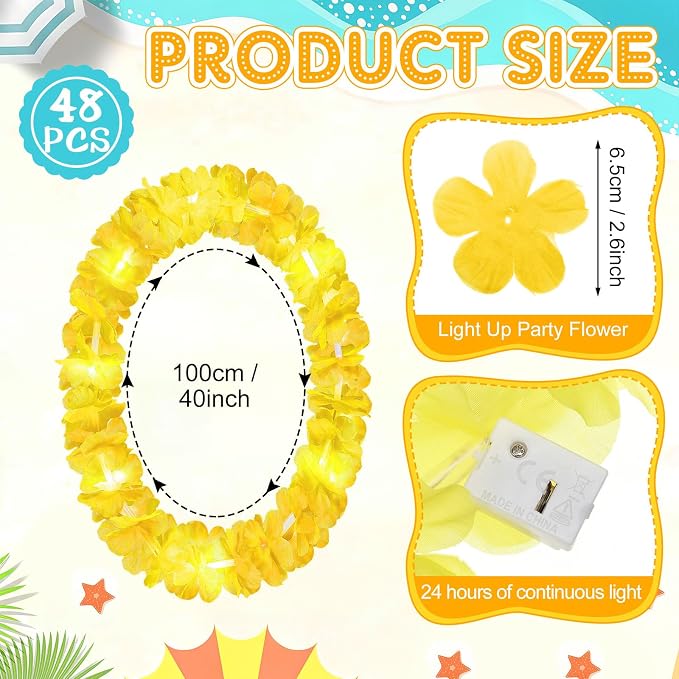 Sherr 48 Pcs LED Hawaiian Leis Light up Flower Leis Necklace with LED Lights Luau Flowers Necklaces for Masquerade Beach Wedding Tropical Themed Party Supplies (Yellow)