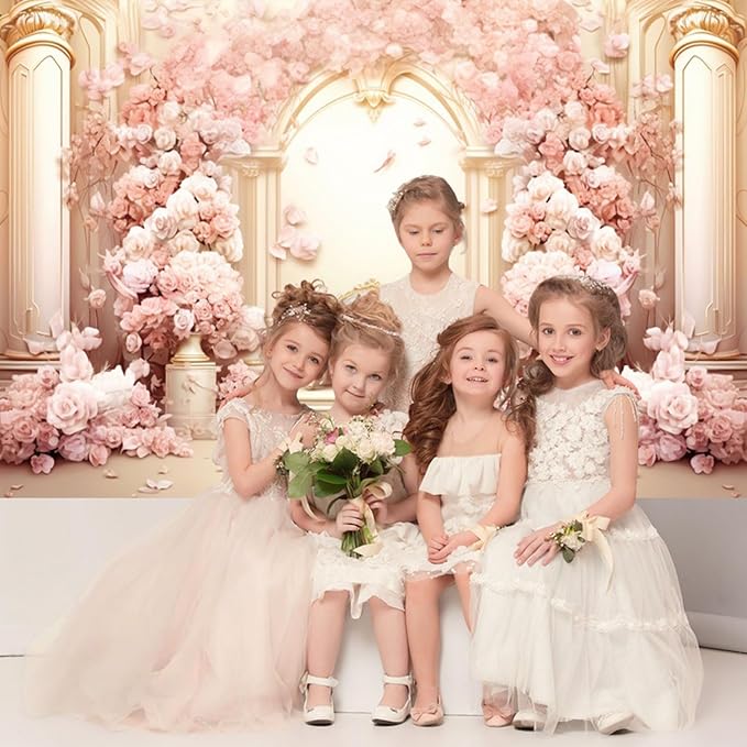 12x8ft Pink Floral Wall Backdrop Girls Rose Bridal Shower Palace Wedding Anniversary Flowers Baby Shower Party Decorations Photography Background Photo Shoot Props