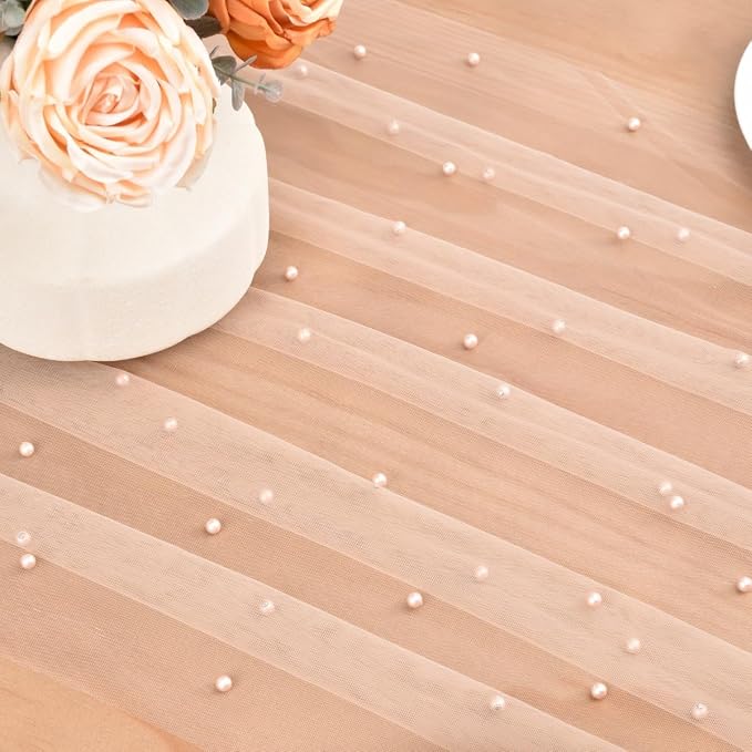 Nude Pearl Table Runner Boho Rustic Tulle Lace Dining Baby Shower Wedding Arch Decor Veil Dessert Holiday Centerpiece Table Decor 3pcs