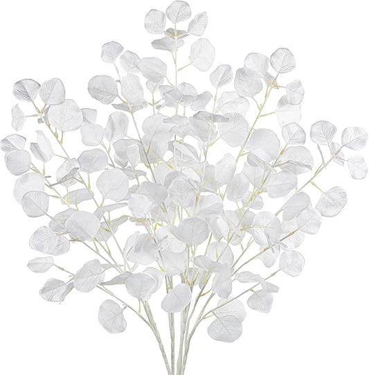 DILATATA Faux White Eucalyptus Stems – 32” Artificial Willow Leaves, 5 Pcs Long White Eucalyptus Branches for DIY Bouquets, Centerpieces, Shower & Wedding Decorations