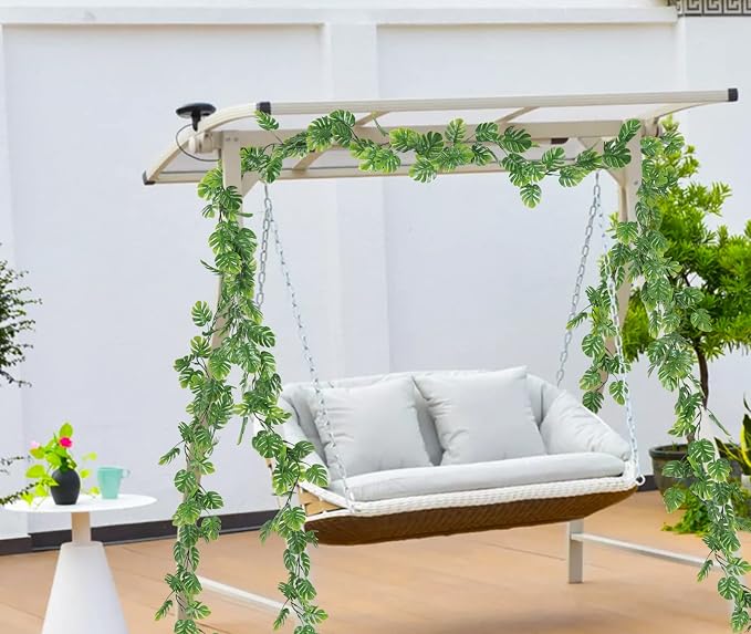 RECUTMS 4Pcs Artificial Monstera Leaves Vines, 5.9FT Fake Hanging Plant Ivy Faux Tropical Palm Leaf Greenery Garland for Garden Porch Patio Jungle Luau Beach Birthday Party Indoor Outdoor Spring Décor