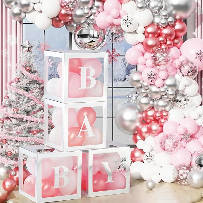 Baby Boxes with Letters for Baby Shower, Baby Shower Decorations with 4 Balloon Boxes for Gender Reveal Baby Shower Decorations(Silver)