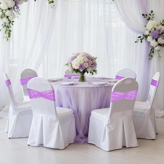 SquarePie 50 Pcs Sequin Chair Sashes Lavender Sequin Sashes Bands Decorative Ties for Wedding Party Festive Chair Cover Decor