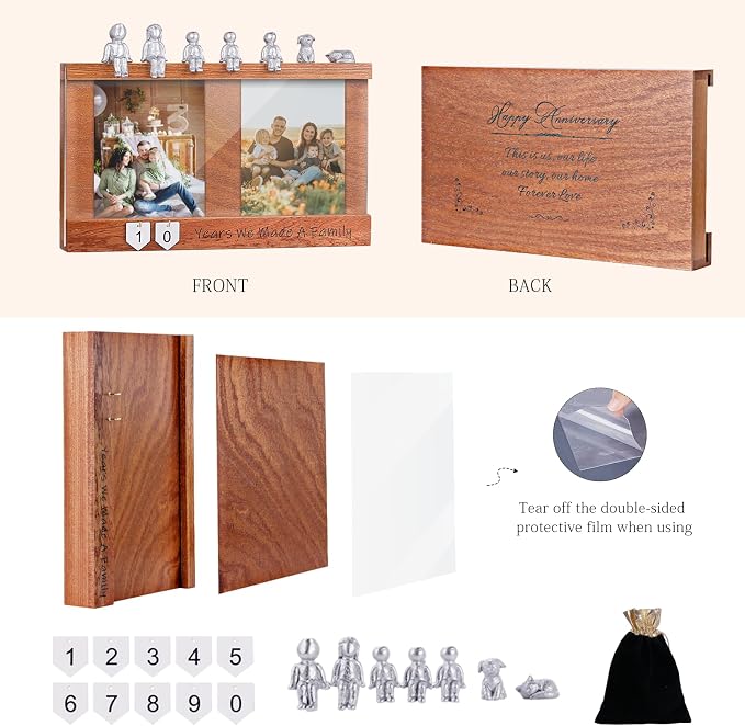 Anniversary Keepsake Box with Family Statue- Wooden Picture Frame for Cherished Keepsakes Storage，Anniversary or Wedding Gifts for Her/He (Walnut)