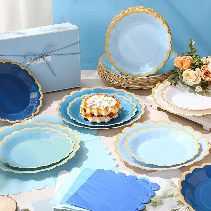 Zhehao 150 Pcs Blue Plates and Napkins Tableware Serves 50 Includes 9 Inch 7 Inch Blue Scalloped Paper Plate and Napkins for Ocean Sea Wedding Birthday Baby Shower Party