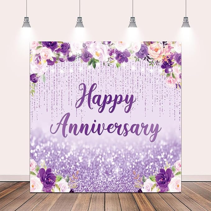 10x10ft Happy Anniversary Backdrop, Floral Glitter Backdrop for Women Wedding Anniversary Decoration Violet and Pink Flowers Photography Background Cake Table Banner Party Decor