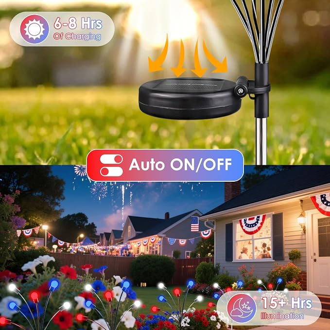 OZS 8 Pack Solar American Flag Lights - 4th of July Solar Garden Outdoor Waterproof Firefly Light for Memory Day, Independence Day, National Day Decoration (Red White Blue)
