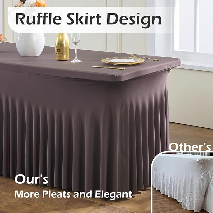 NSSONBEN 2 pk Brown Spandex Tablecloth for 6 Foot Rectangle Tables,Wrinkle Free Fitted Spandex Table Covers 6ft Coffe Stretch Table Cloths with Ruffle Skirt for Parties Weddings Banquet Baby Shower