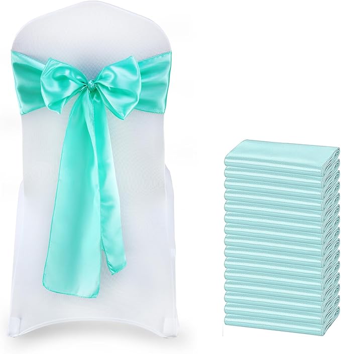 MDS Satin Chair Sashes, 50 Pack, 7”x108” Each, Decorative Chair Bows Ribbon Tie Backs for Wedding Party, Holiday Dinner, Birthday, Reception, Banquet, Hotel & Event Decoration - Sea Green