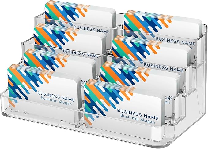 MaxGear Acrylic Business Card Holder for Desk, Clear Desktop Business Card Display Stand with 8 Pockets, 4-Tier Freestanding Card Organizer for Office, Reception, Countertop