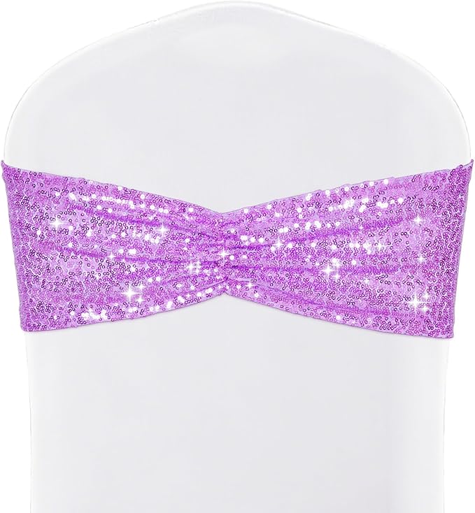 SquarePie 50 Pcs Sequin Chair Sashes Lavender Sequin Sashes Bands Decorative Ties for Wedding Party Festive Chair Cover Decor