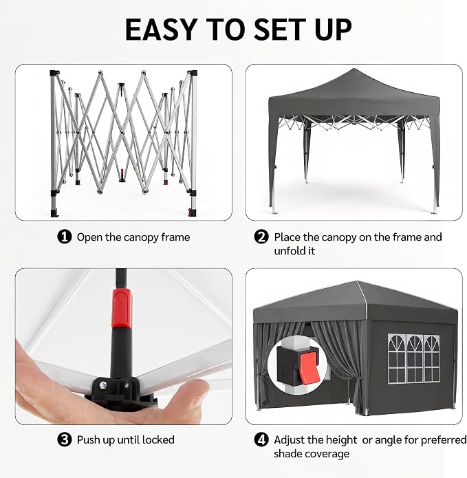 KIGOTY 10x10 FT Portable Pop Up Canopy Tent, Adjustable Height Instant Gazebo with Sidewalls, One-Push Setup Outdoor Canopy for Camping, Parties, Vendor Events (Grey with Reflective Strip, 3m × 3m)