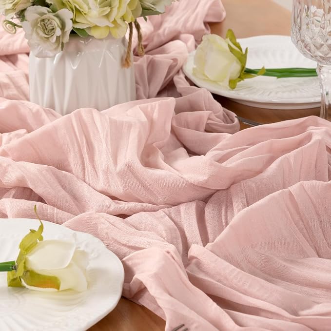 LINXTAR Dusty Pink Cheesecloth Table Runner 160 Inches 14Ft Gauze Summer Boho Table Runner for Wedding Tea Party Baby Shower Bridal Birthday Home Decoration