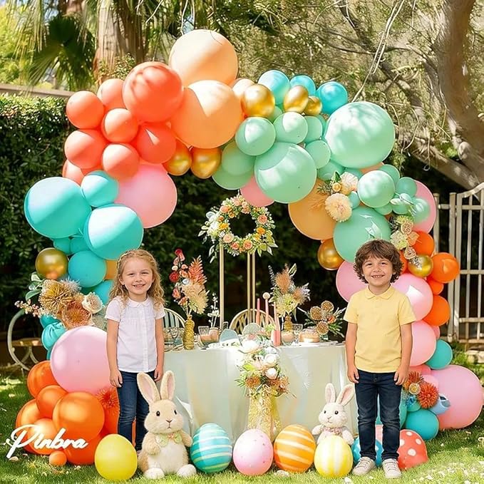 Pinbra Pastel Balloons Garland Kit Coral Pink Teal Blue Balloons Double Stuffed Light Green Orange Gold Metallic Latex Arch for Tropical Hawaii Luau Birthday Baby Shower Easter Party Decorations