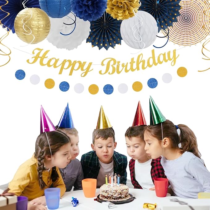 Navy-Blue White Gold Birthday Party-decorations - 21pcs Men Boys Adult Happy Banner Garland, Royal Paper Streamers Lanterns,Flower Tissue Pom Poms Fan Supplies, Wall Backdrop Decor Huglony