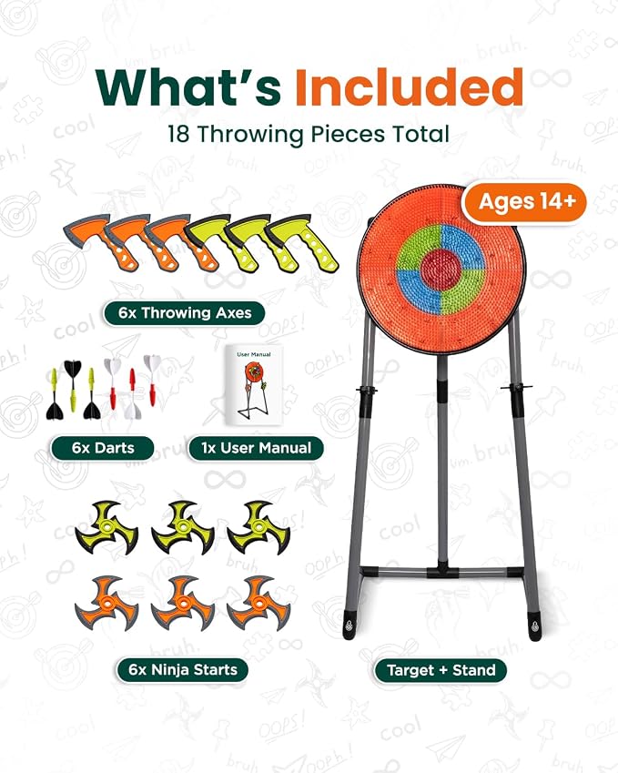 GIRAFFYCO Axe Throwing Game Set for Backyard, Target Stand with 6 Axes, 6 Throwing Stars & 6 Dart-Style Pieces, Indoor/Outdoor Yard Game for Kids, Teens, Adults & Family Play